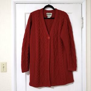 Vintage Aran Crafts Merino Wool Berry Pink Chunky Cable Knit Cardigan Sweater L